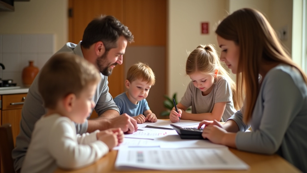 Familie bei der gemeinsamen Budgetplanung am Esstisch