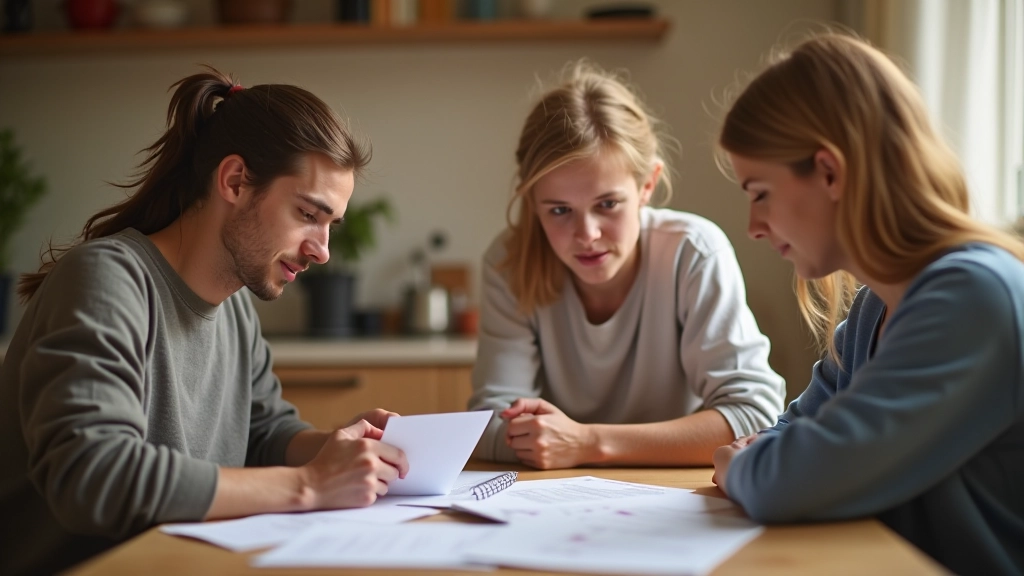 Familie sitzt am Küchentisch und bespricht gemeinsam ihre Finanzplanung mit Papieren
