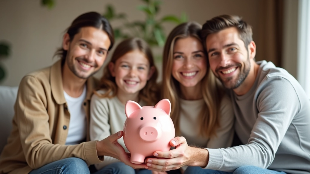 Familie hält gemeinsam ein Sparschwein und feiert das Erreichen einer Sparzielmarke