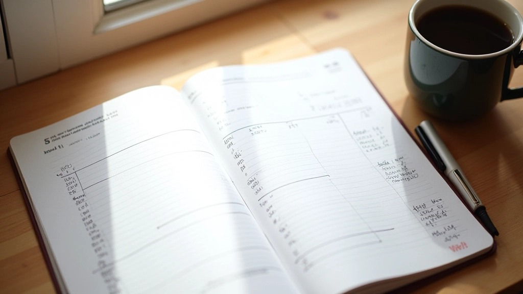 Notizbuch mit handgeschriebenen Budgetnotizen auf einem Schreibtisch neben Kaffee und Stift