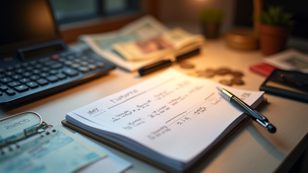 Persönliches Finanzbudget mit Taschenrechner, Stift und monatlichen Kostenübersichten