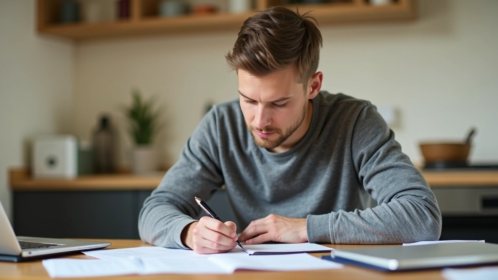 Person schreibt Finanznotizen in ein offenes Notizbuch am Küchentisch
