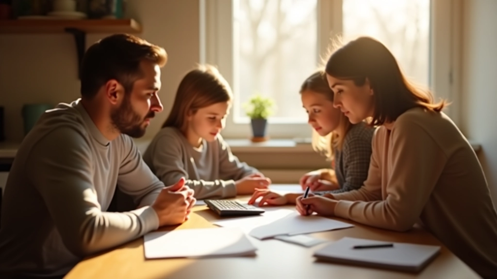 Familie sitzt am Küchentisch und plant gemeinsam ihre Finanzübersicht mit Budgetpapieren
