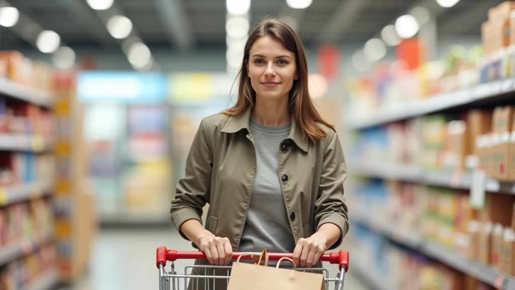 Person beim Einkaufen im Supermarkt mit Einkaufskorb und verschiedenen Lebensmitteln