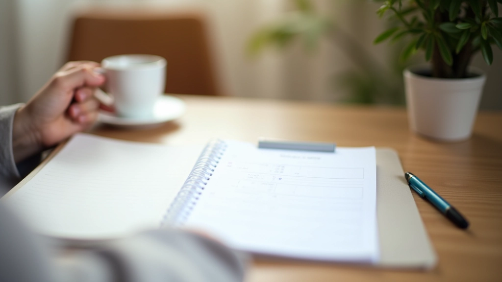 Notizbuch mit Budgetplanung auf einem modernen Schreibtisch mit Kaffeetasse und Stift
